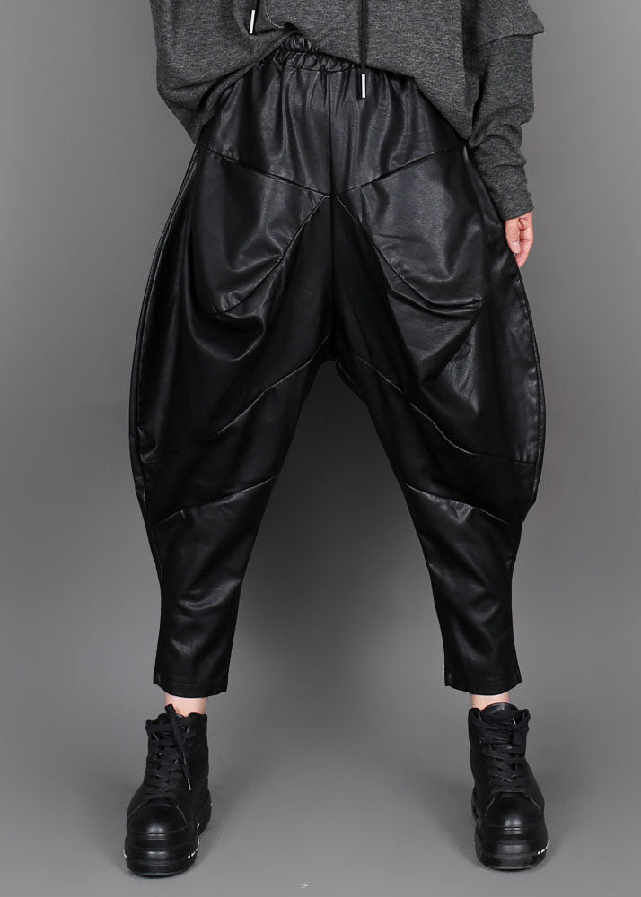 Handmade Black Patchwork Faux Leather Pants Winter