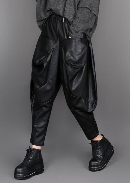 Handmade Black Patchwork Faux Leather Pants Winter