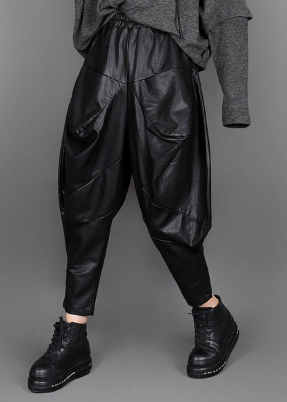Handmade Black Patchwork Faux Leather Pants Winter