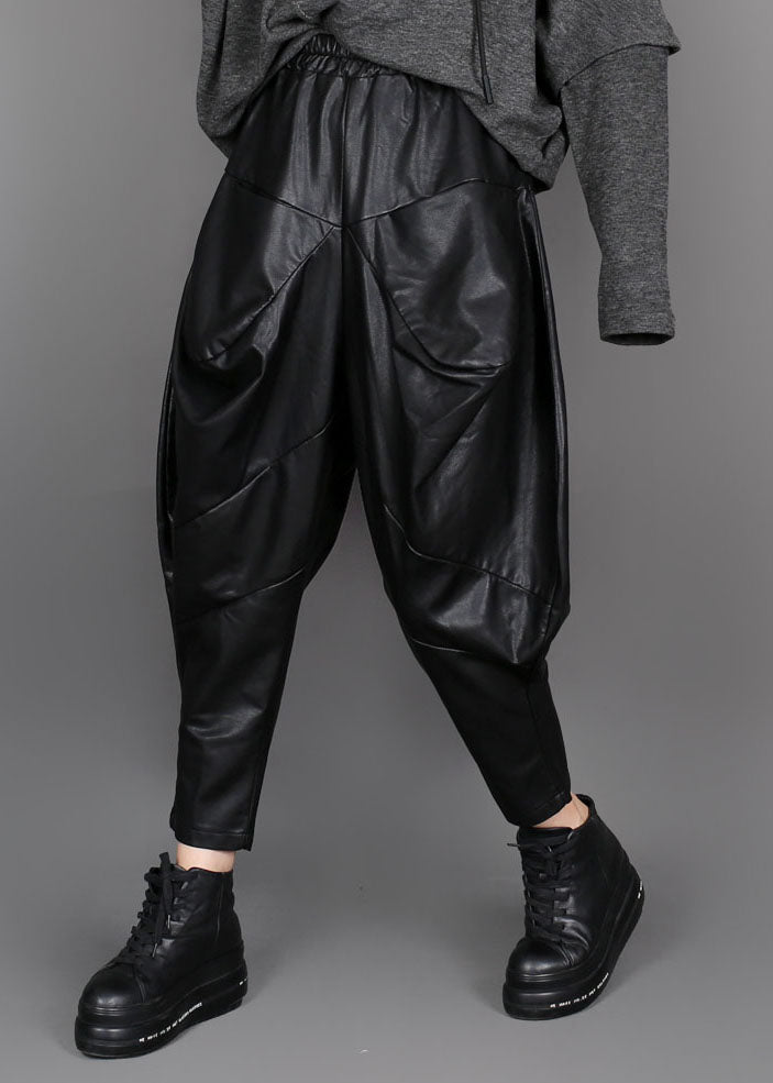 Handmade Black Patchwork Faux Leather Pants Winter