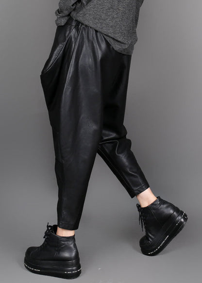 Handmade Black Patchwork Faux Leather Pants Winter