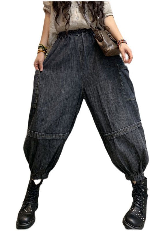 Handmade Black High Waist Patchwork Denim Pants Spring