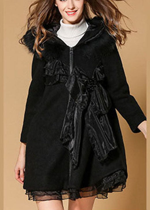 Handmade Black Hooded Fur Collar Nail Bead Organza Fall Woolen Coat