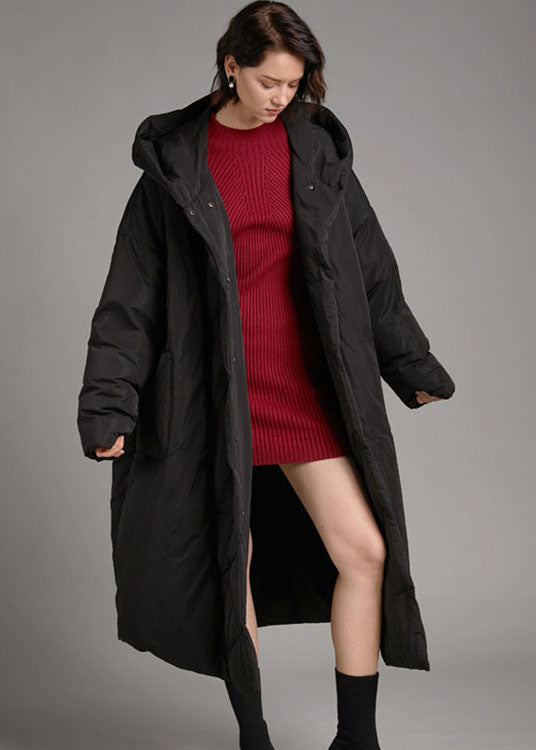 Handmade Black Hooded Pockets Loose Winter Down Coat