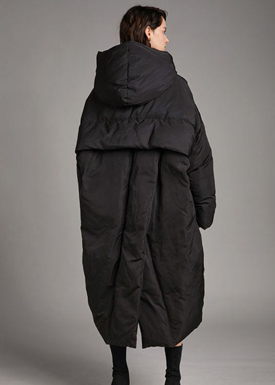 Handmade Black Hooded Pockets Loose Winter Down Coat