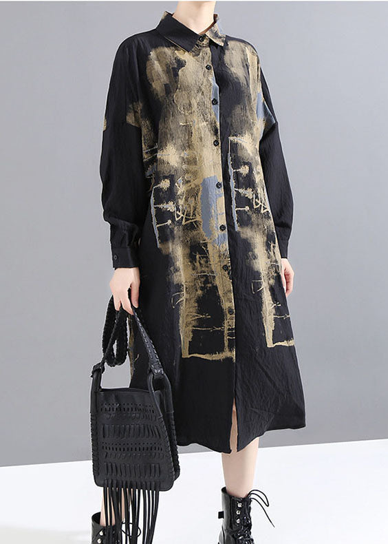 Handmade Black Low High Design Peter Pan Collar Print Shirt Dress Spring
