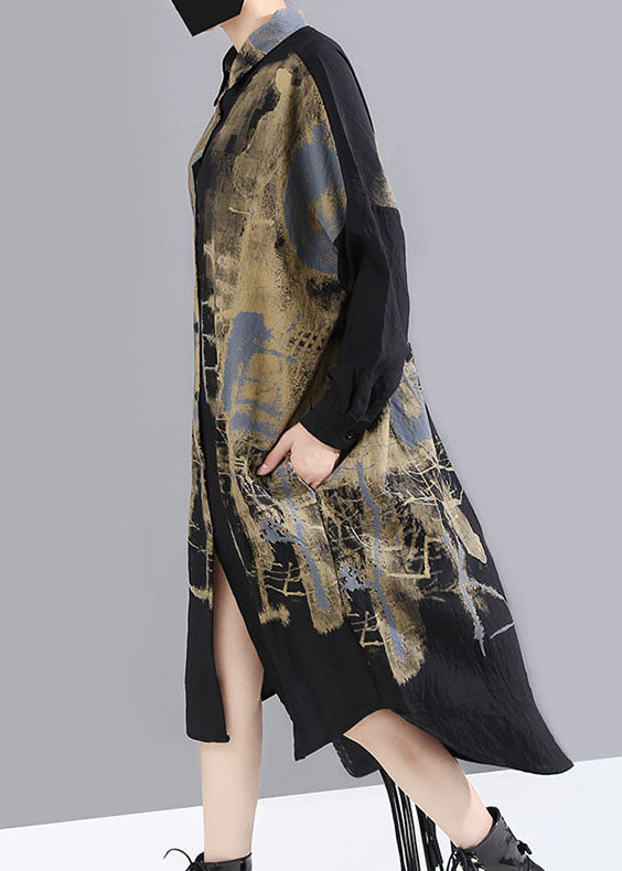Handmade Black Low High Design Peter Pan Collar Print Shirt Dress Spring