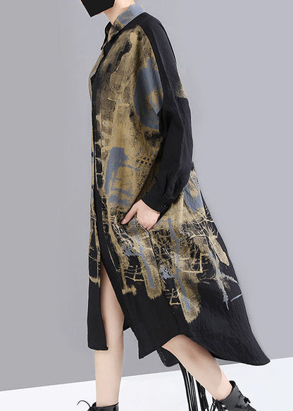 Handmade Black Low High Design Peter Pan Collar Print Shirt Dress Spring