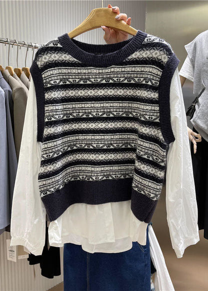 Handmade Blackish Green O-neck Print Patchwork Knit Tops Fall