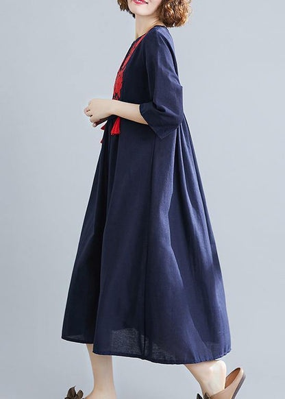 Handmade Blue Clothes V Neck Tassel Spring Linen Dresses