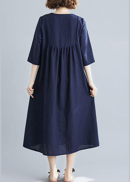 Handmade Blue Clothes V Neck Tassel Spring Linen Dresses