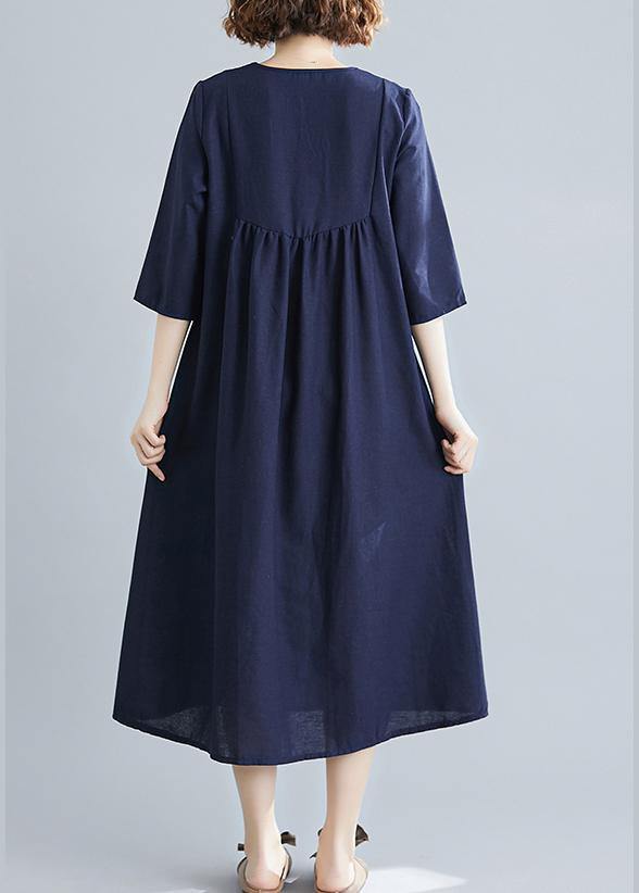 Handmade Blue Clothes V Neck Tassel Spring Linen Dresses