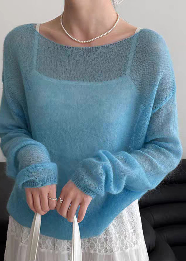Handmade Blue Cozy Ma Hai Mao Knit Tops Spring