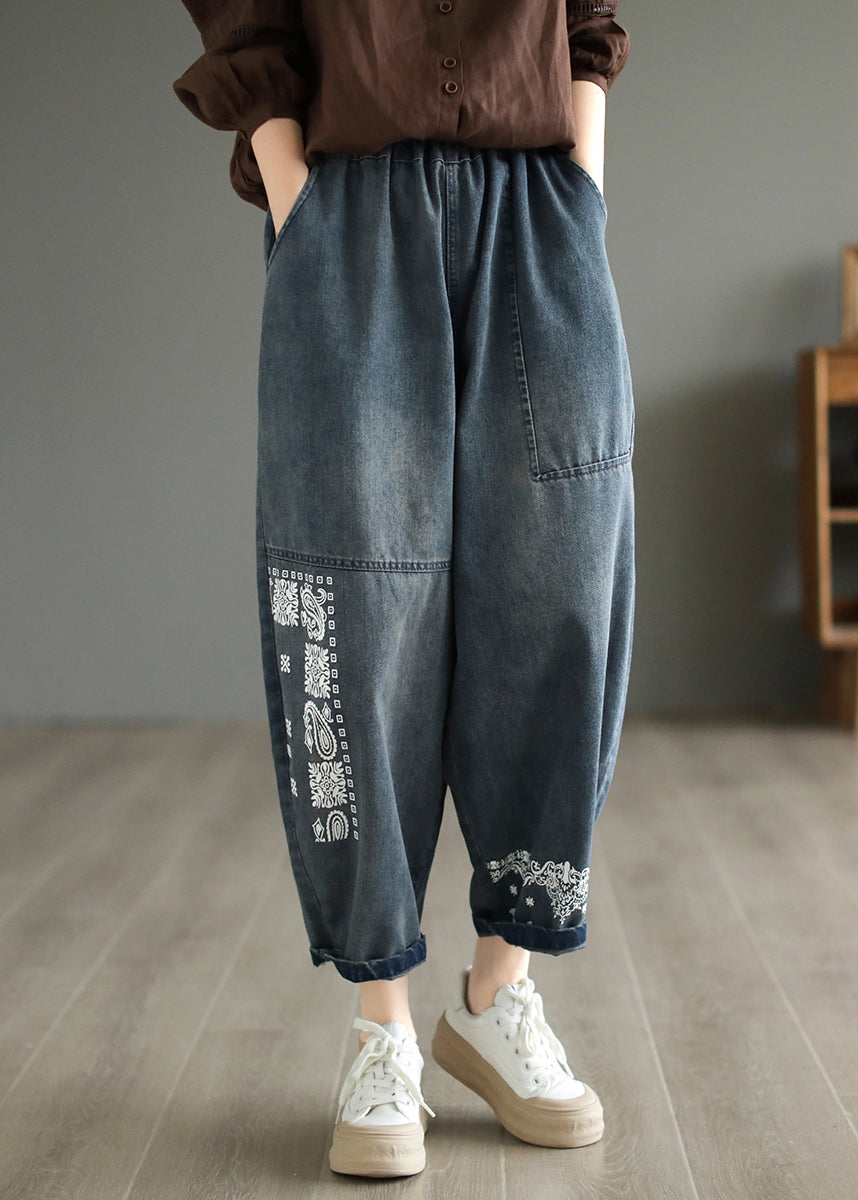 Handmade Blue Embroideried Patchwork Pockets Denim Harem Pants Summer