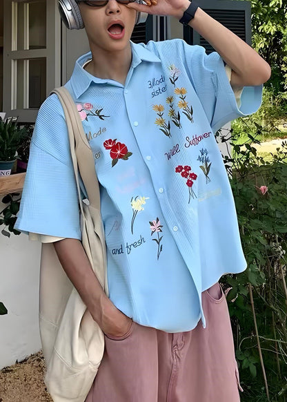 Handmade Blue Embroideried Plaid Cotton Shirt Summer