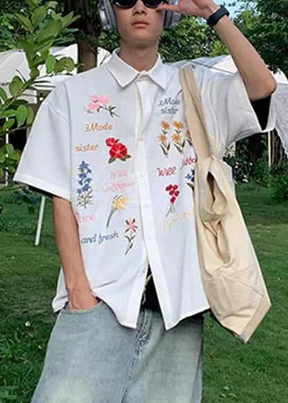 Handmade Blue Embroideried Plaid Cotton Shirt Summer