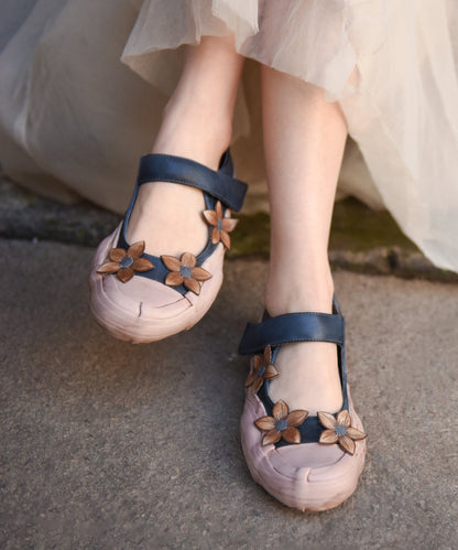 Handmade Blue Cowhide Leather Flat Shoes Buckle Strap