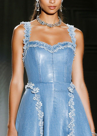 Handmade Blue Decorated Exra Large Hem Denim Sundress Summer