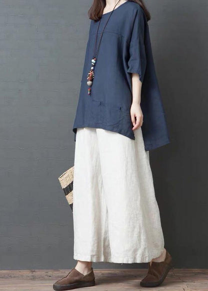 Handmade Blue Linen Cotton Low High Design Shirt Top