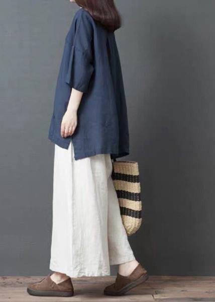 Handmade Royal Blue Linen Cotton Low High Design Shirt Top