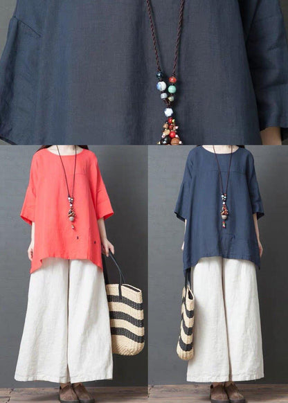 Handmade Blue Linen Cotton Low High Design Shirt Top