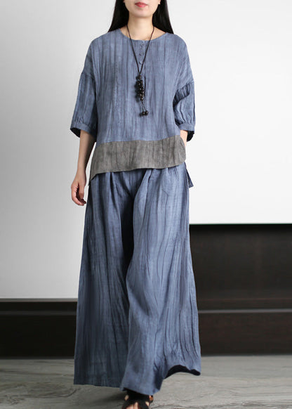 Handmade Blue O-neck Patchwork Linen Top and Wide Leg Pants Two Piece Set Summer