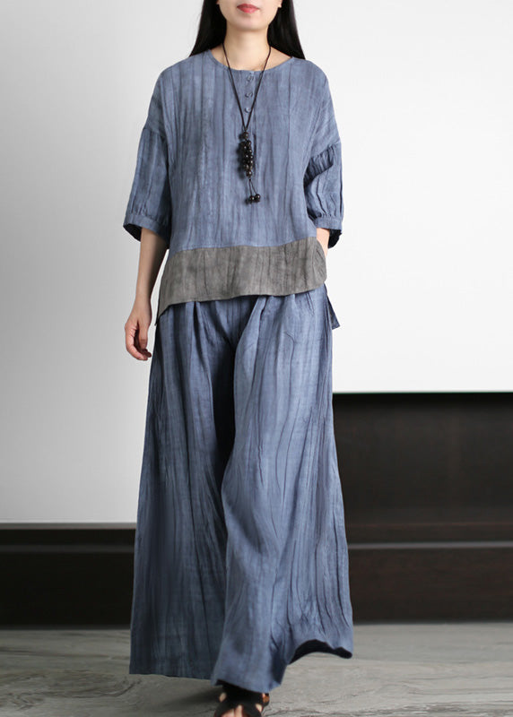 Handmade Blue O-neck Patchwork Linen Top and Wide Leg Pants Two Piece Set Summer