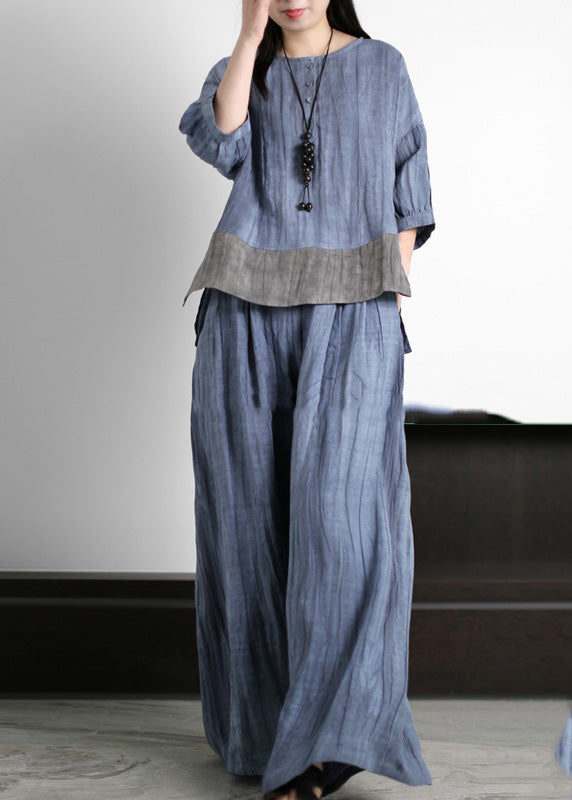 Handmade Blue O-neck Patchwork Linen Top and Wide Leg Pants Two Piece Set Summer