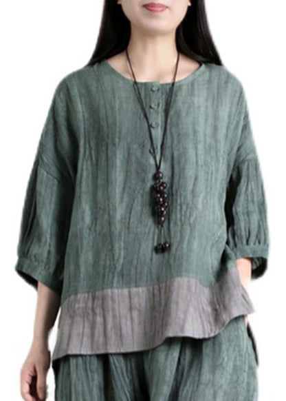 Handmade Blue O-neck Patchwork Linen Top and Wide Leg Pants Two Piece Set Summer