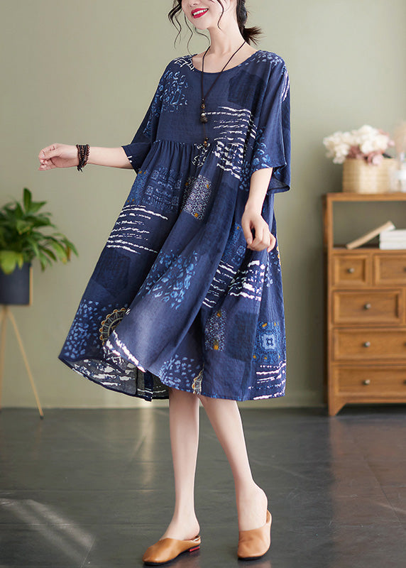 Handmade Blue O-neck Print Wrinkled Vacation Maxi Dresses Summer