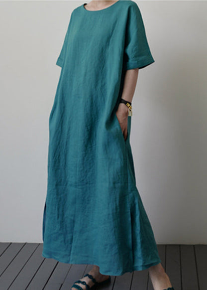 Handmade Blue O-neck Tie Waist Long Dresses Summer