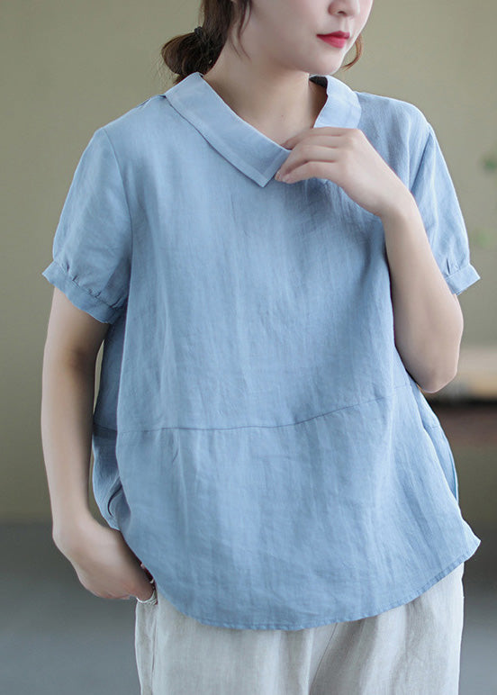 Handmade Blue Patchwork Ramie T Shirt Summer