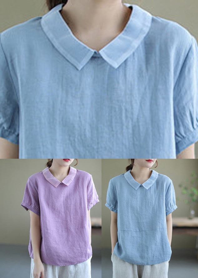 Handmade Blue Patchwork Ramie T Shirt Summer
