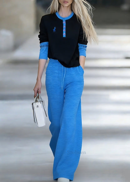 Handmade Blue Patchwork Top and Wide Leg Pants Two-piece Set Spring