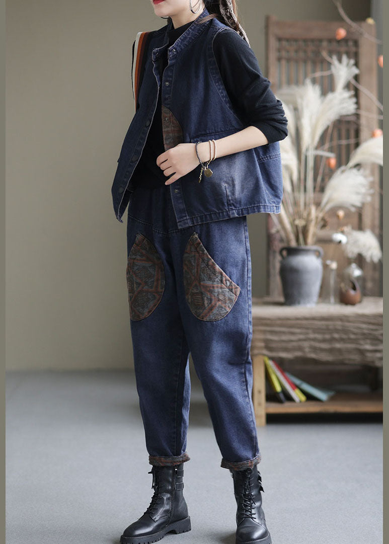 Handmade Blue Patchwork Denim Two Piece Set Outfits Sleeveless