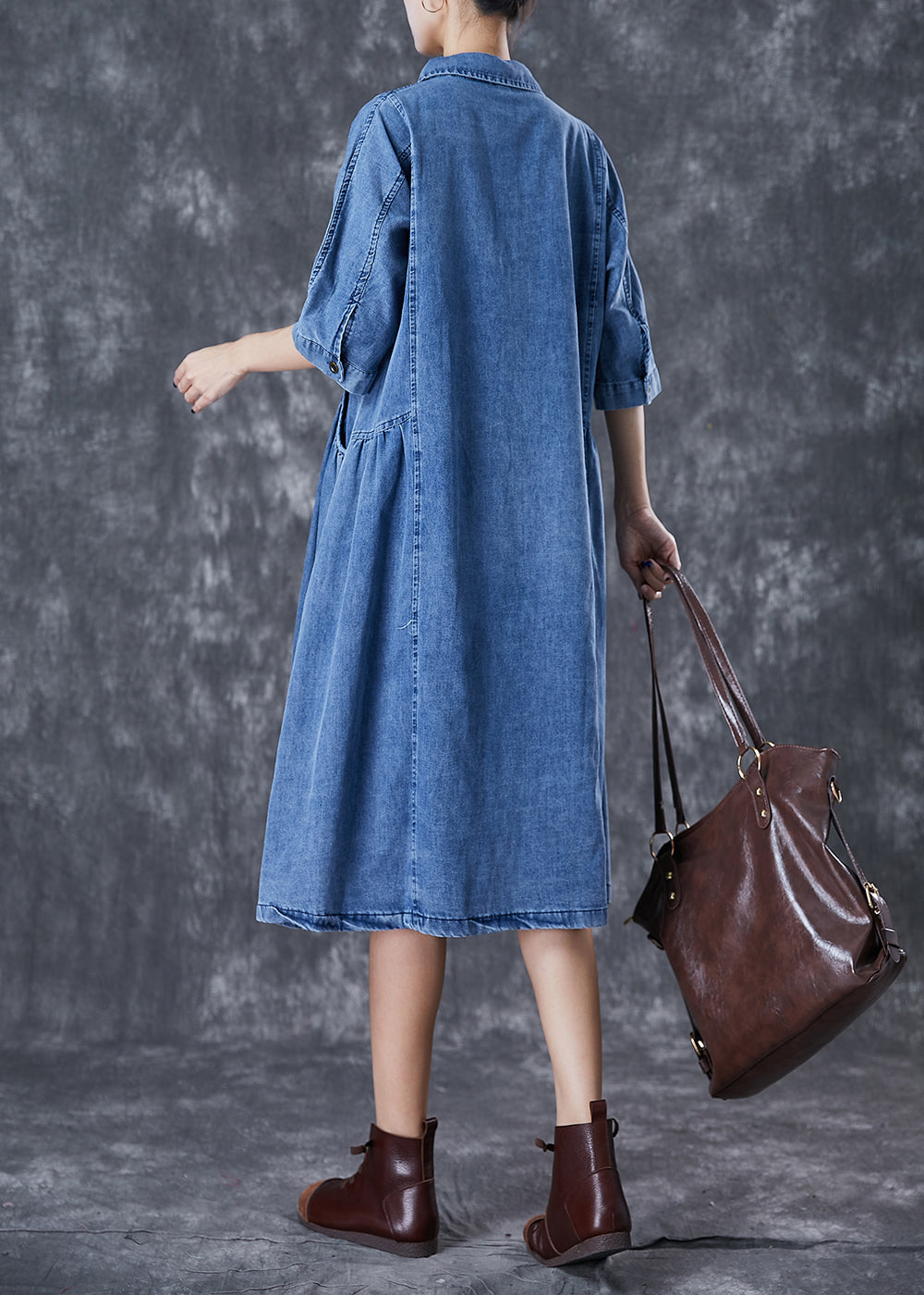 Handmade Blue Peter Pan Collar Denim a Line Dresses Half Sleeve