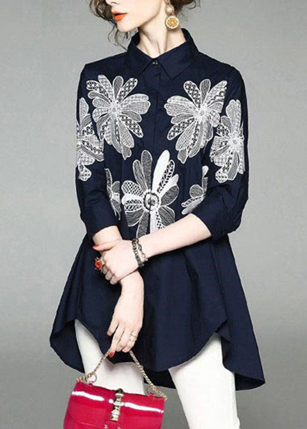 Handmade Gray Texture Peter Pan Collar Embroidered Asymmetrical Design Cotton Long Shirt Half Sleeve