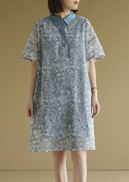 Handmade Blue Peter Pan Collar Embroideried Lace Shirt Dresses Short Sleeve