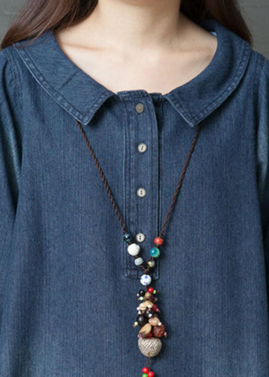 Handmade Blue Peterpan Collar Pockets Patchwork Fall Denim Long Sleeve Dresses
