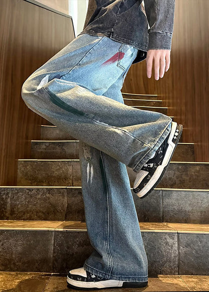 Handmade Blue Pockets Ripped Denim Pants Clothing Fall