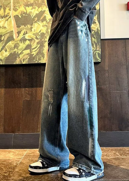 Handmade Blue Pockets Ripped Denim Pants Clothing Fall