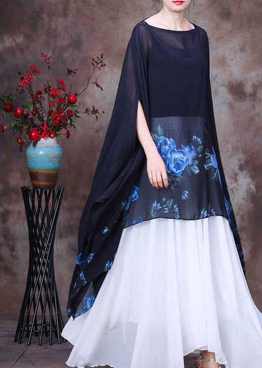 Handmade Blue Print Asymmetrical Design Chiffon Top for Batwing Sleeve