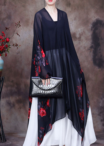 Handmade Blue Print Asymmetrical Design Chiffon Top for Batwing Sleeve