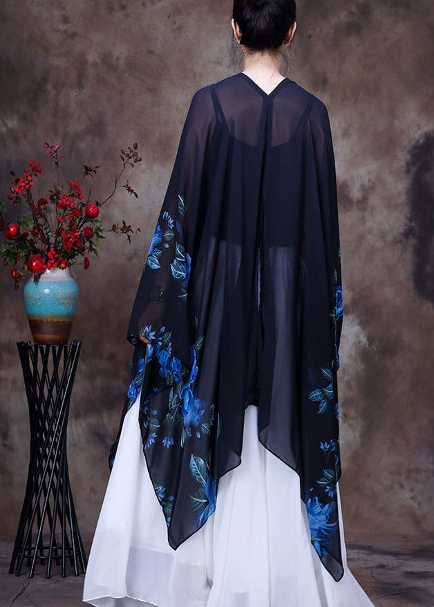 Handmade Blue Print Asymmetrical Design Chiffon Top for Batwing Sleeve