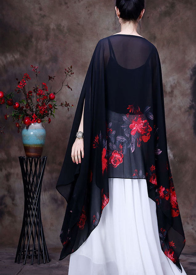 Handmade Blue Print Asymmetrical Design Chiffon Top for Batwing Sleeve