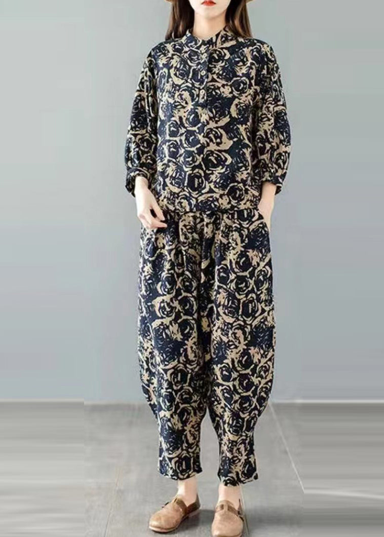 Handmade Blue Print Top and Harem Pants Two Pieces Set Spring