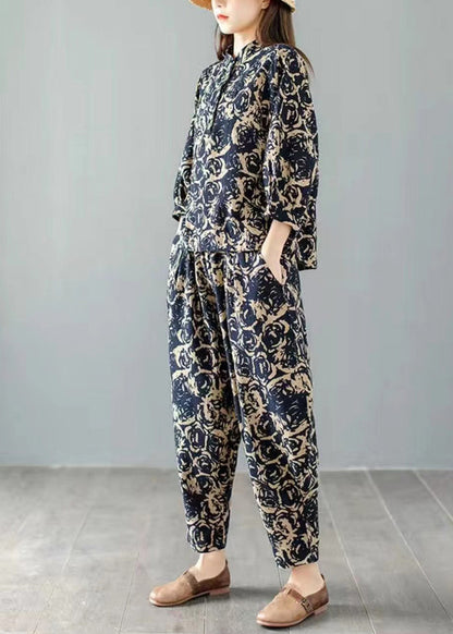 Handmade Blue Print Top and Harem Pants Two Pieces Set Spring