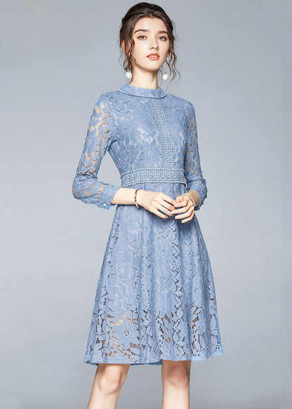 Handmade Blue Stand Collar Lace Cinch Dresses Bracelet Sleeve