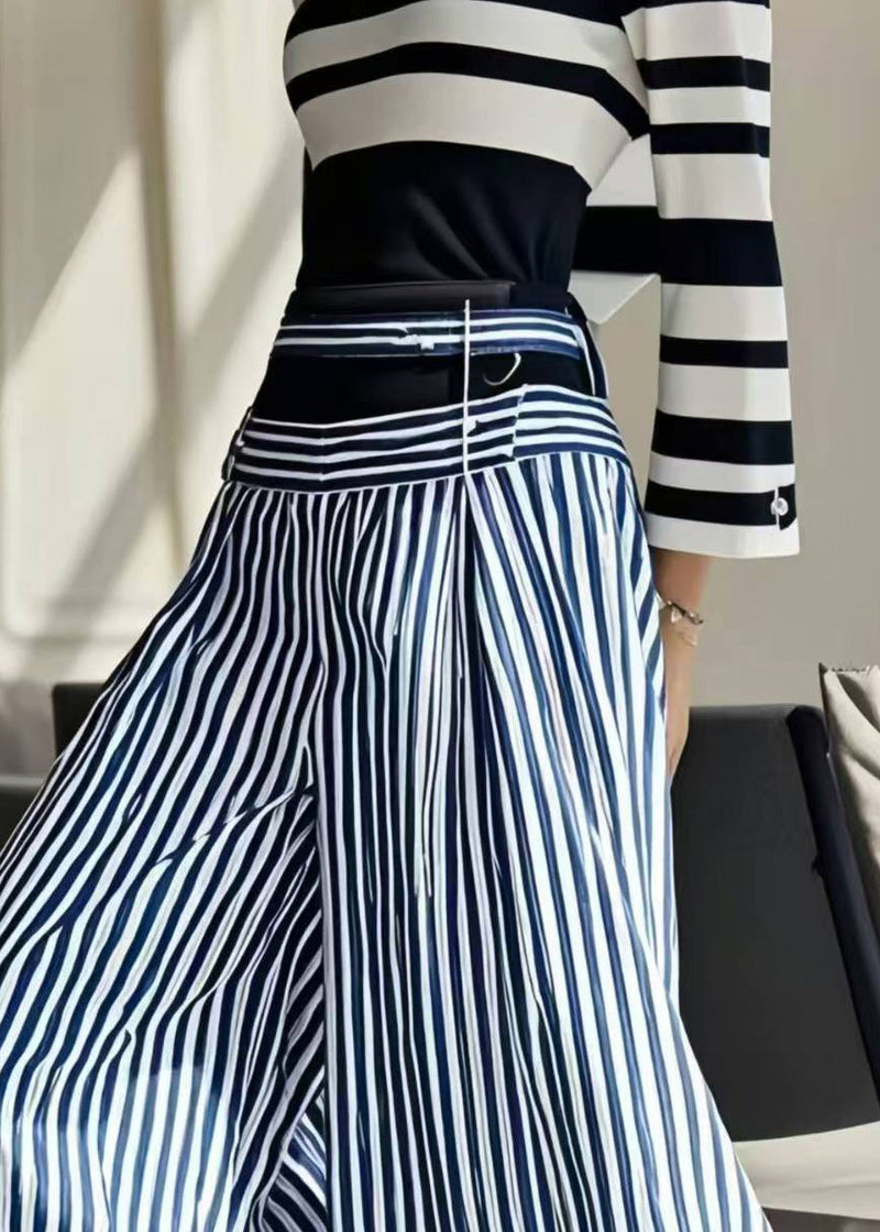Handmade Blue Striped Patchwork Cotton Wide Leg Pants Spring