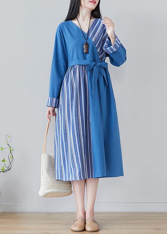 Handmade Blue Striped Tunics for V Neck Patchwork Traveling Spring Dresses